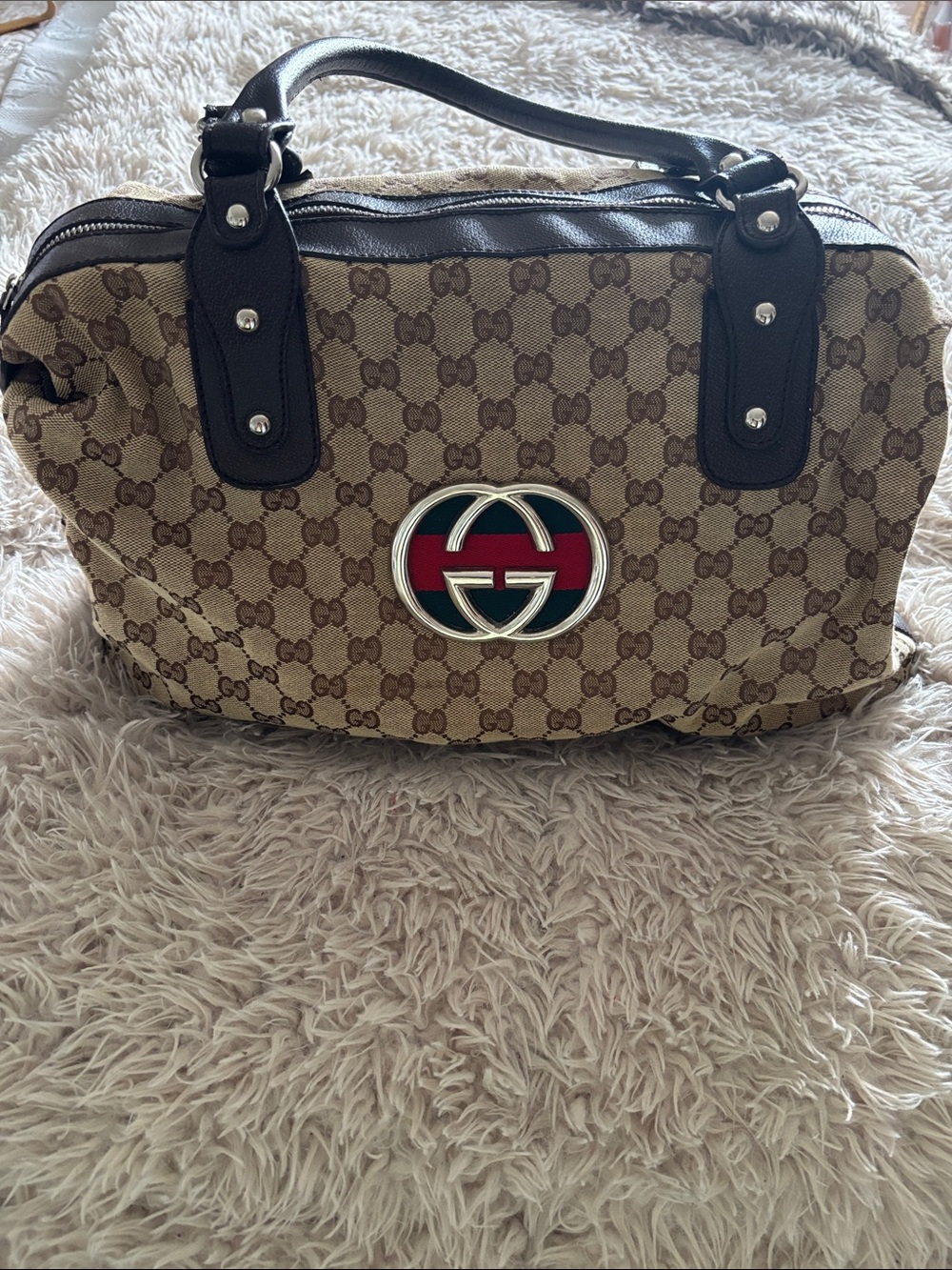 Brown GG Canvas Top-Handle Bag with Red Accent